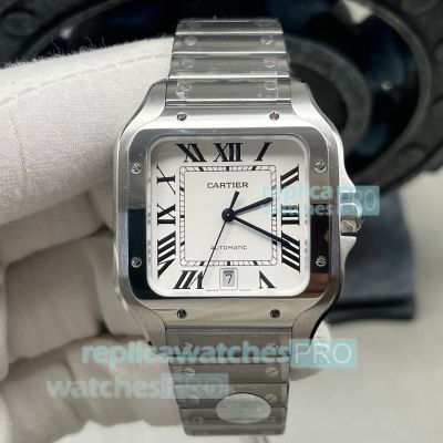 BV Factory Swiss Replica Large Cartier Santos White Roman Dial Stainless Steel Watch 